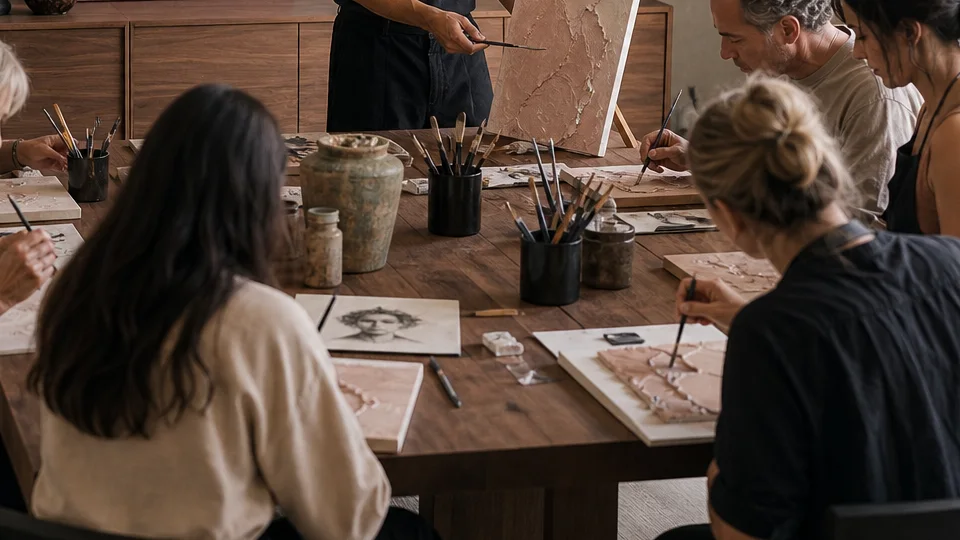 Illustrative art-table detail with portrait sketches, brushes and textured artwork